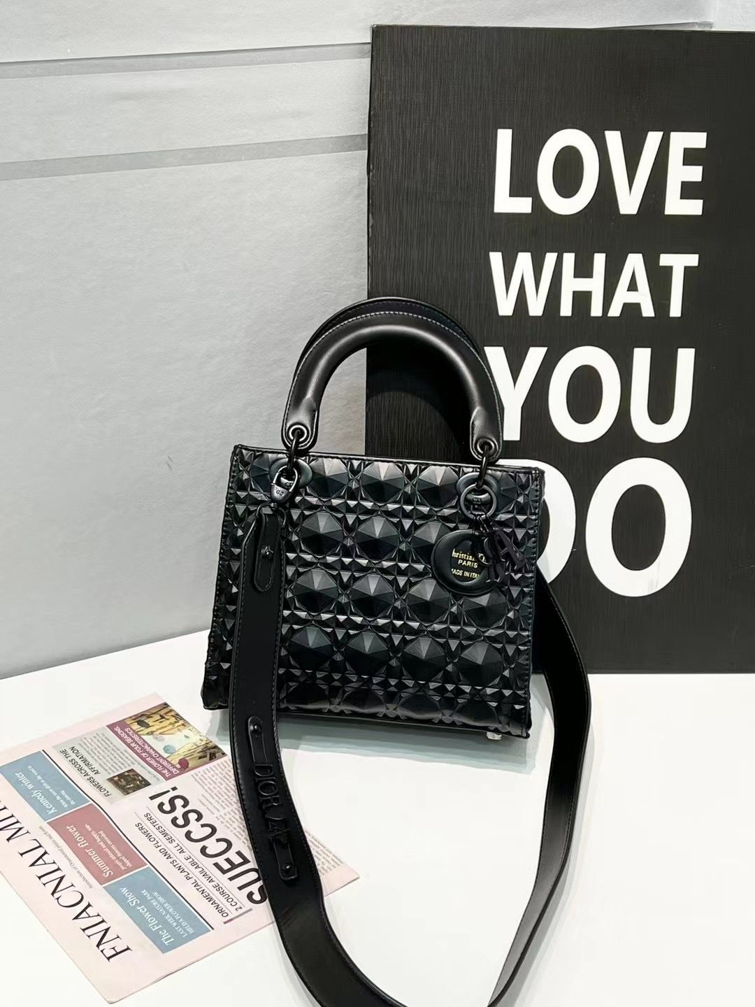 Lady Dior Black Cannage Diamond Motif Handbag (With Box)