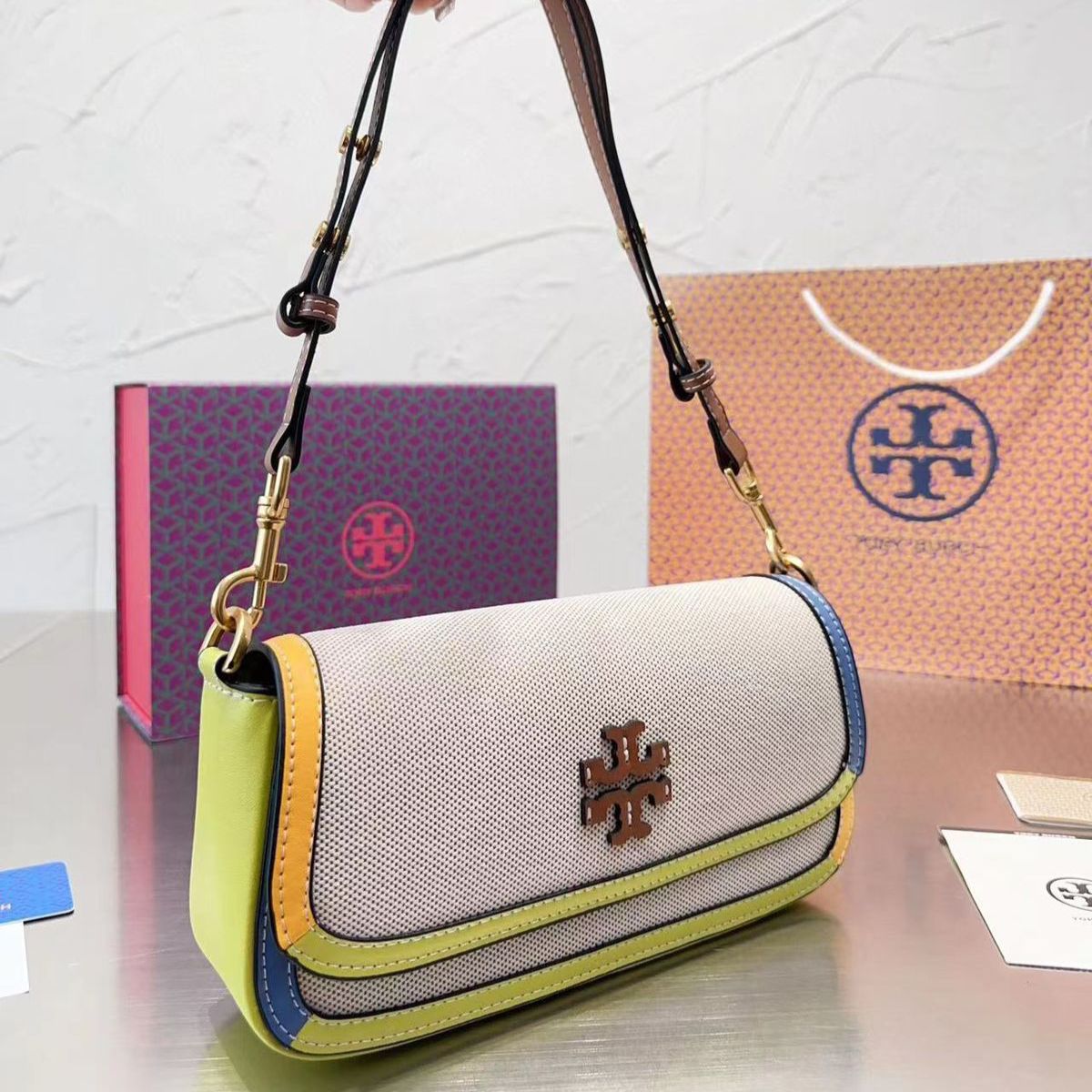 Tory Burch Crescent Beige Neon Shoulder Bag Premium quality (With Box)