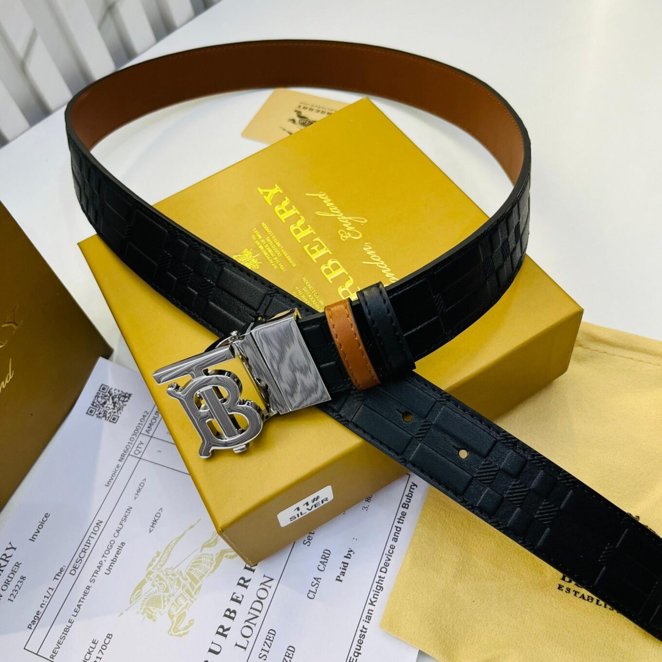 Burberry TB Embossed Grid Silver Reversible Belt for Men