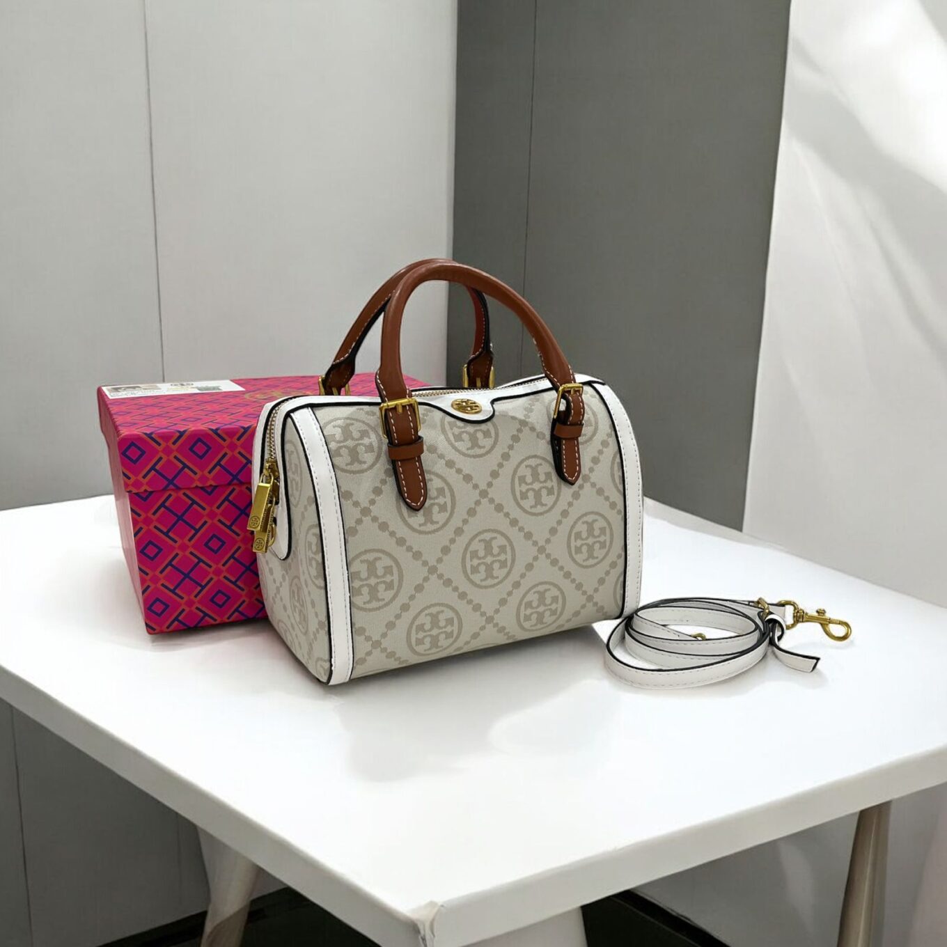 Tory Burch White T Monogram Mini Barrel Bag (With Box)