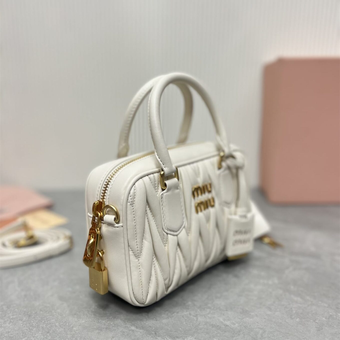 Miu Miu Arcadie Matlasse Nappa White Bowling Bag (With Box)
