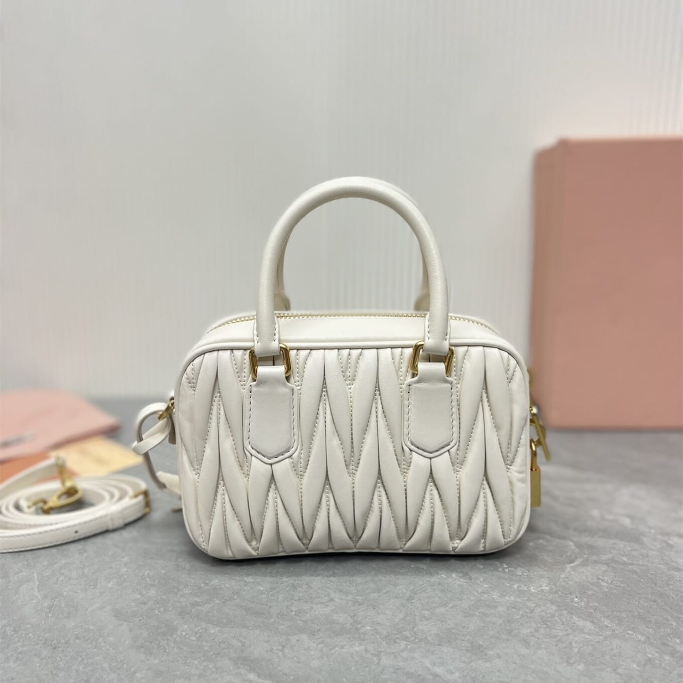 Miu Miu Arcadie Matlasse Nappa White Bowling Bag (With Box)