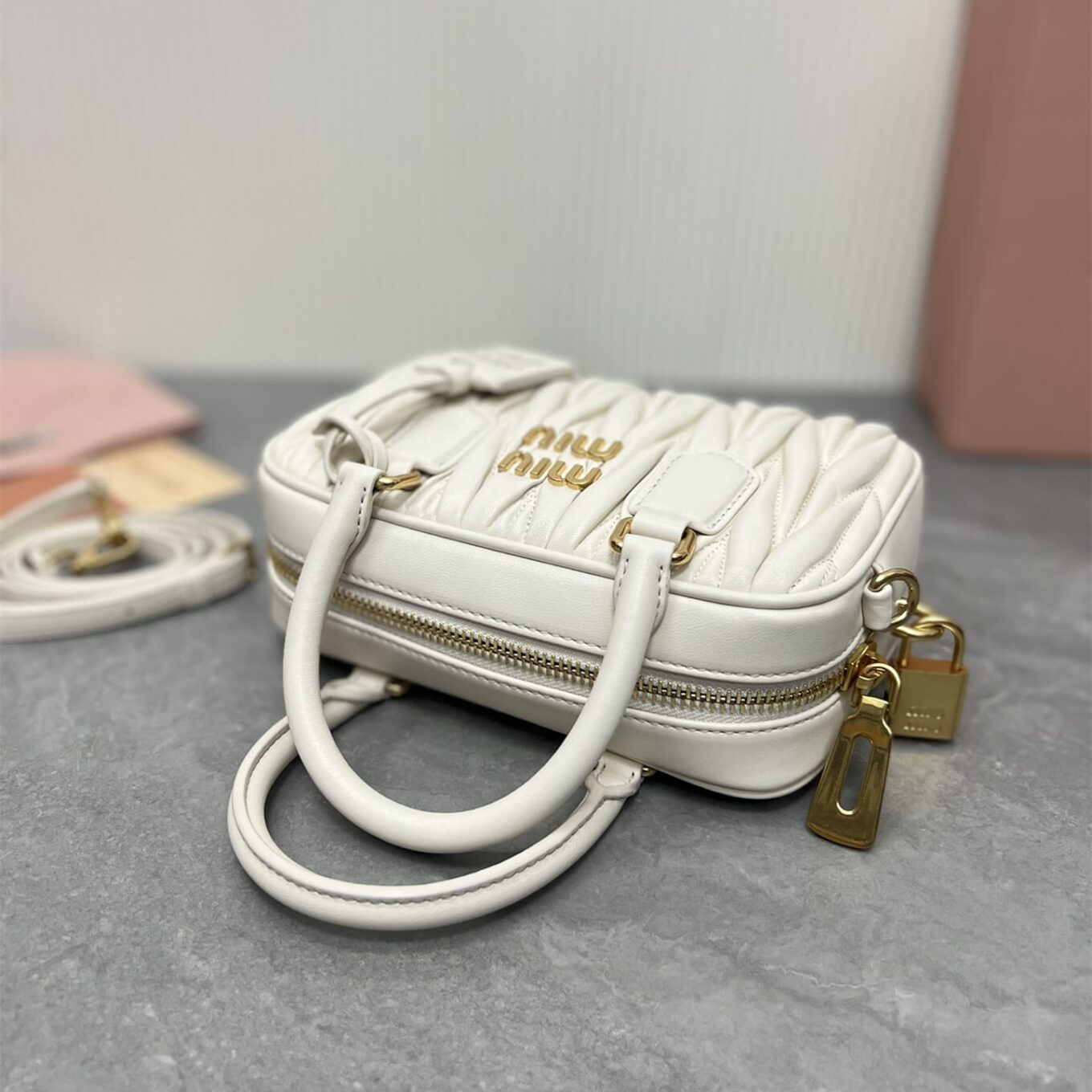 Miu Miu Arcadie Matlasse Nappa White Bowling Bag (With Box)