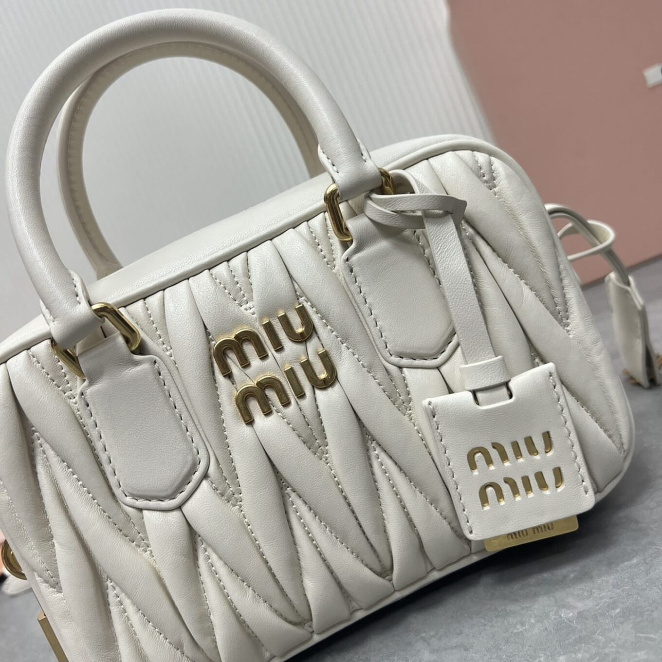 Miu Miu Arcadie Matlasse Nappa White Bowling Bag (With Box)