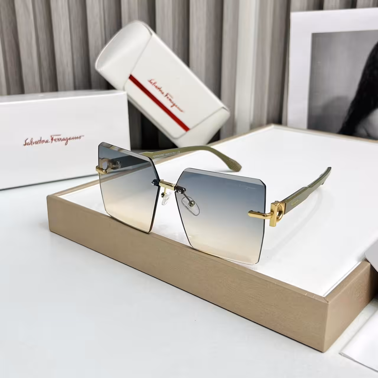 Salvatore Ferragamo Gold Rimless Square Gradient Sunglass For Women