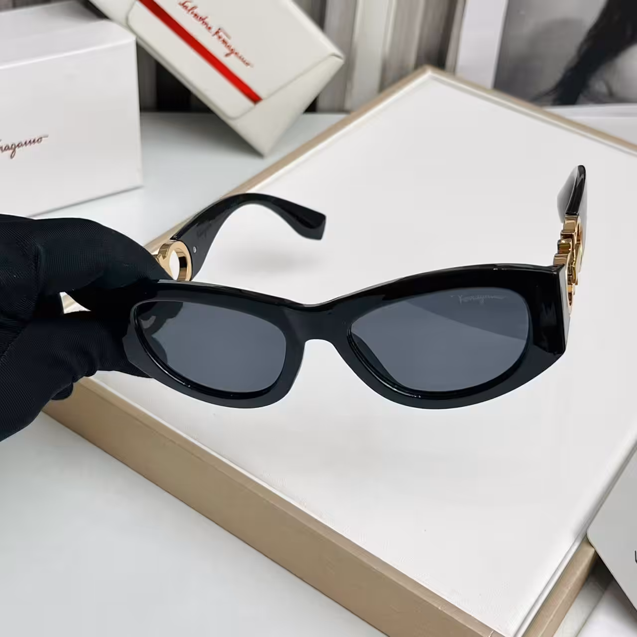 Salvatore Ferragamo Black Cat-Eye Gancini Sunglass For Women